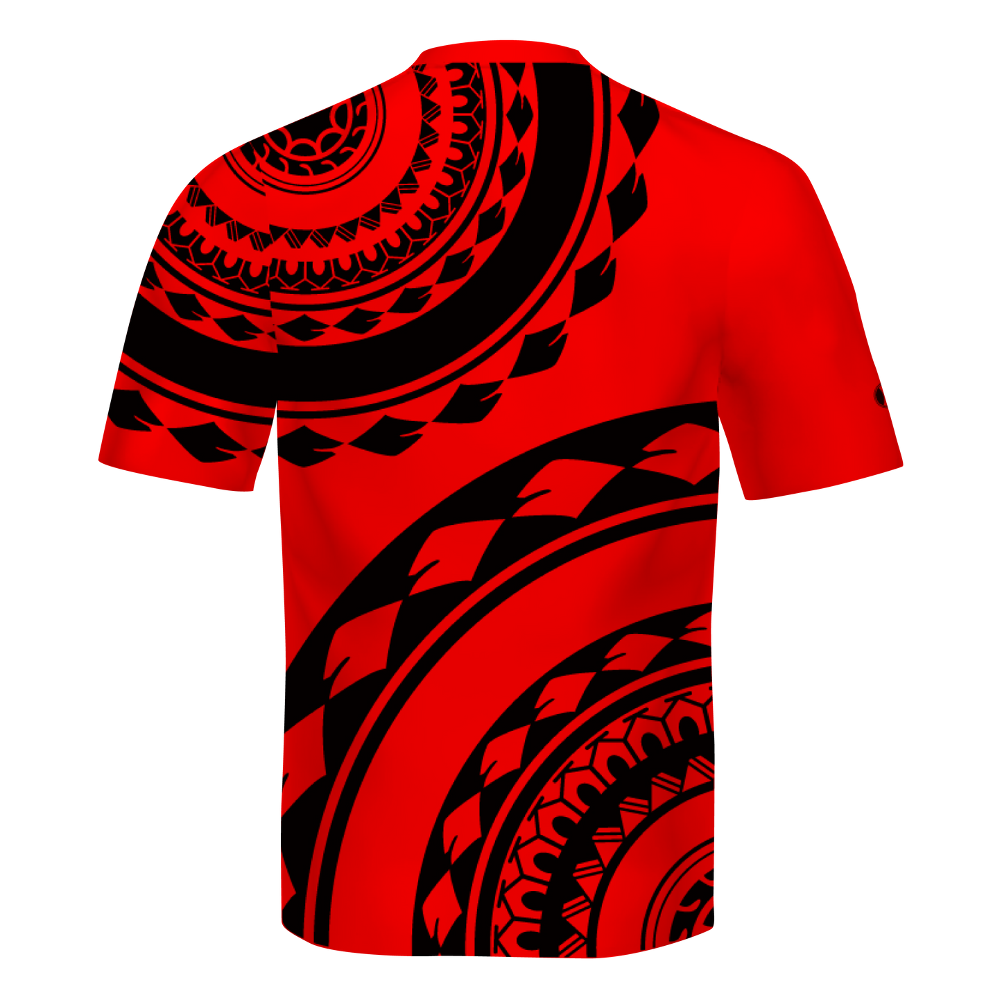 Red t-shirt with black geometric pattern on a white background