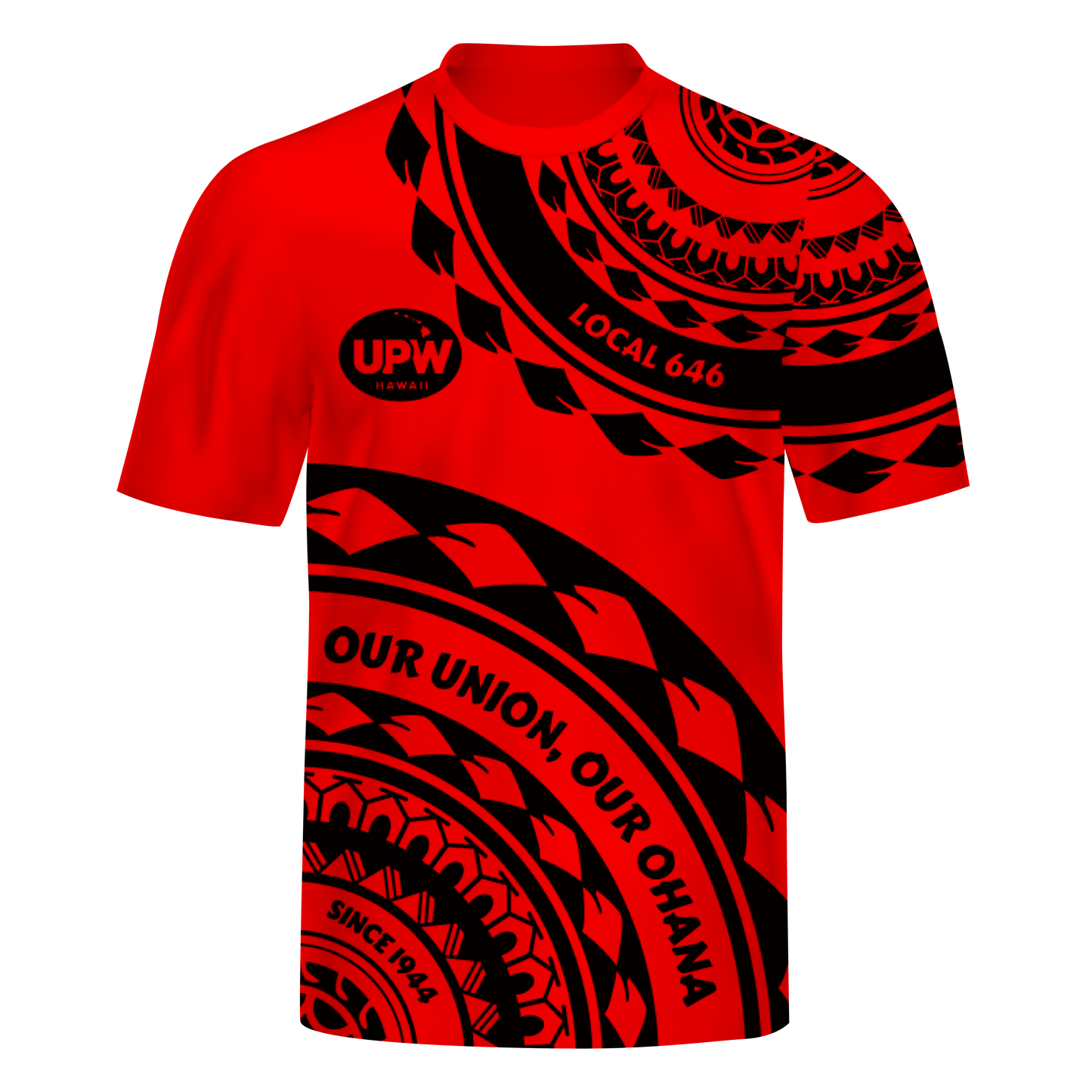 Red shirt with black patterns and text on a white background