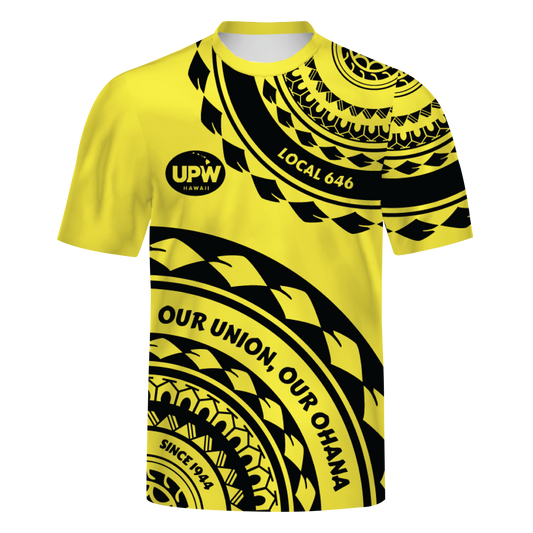 Yellow t-shirt with black tribal patterns and UPW Hawaii logo on a white background